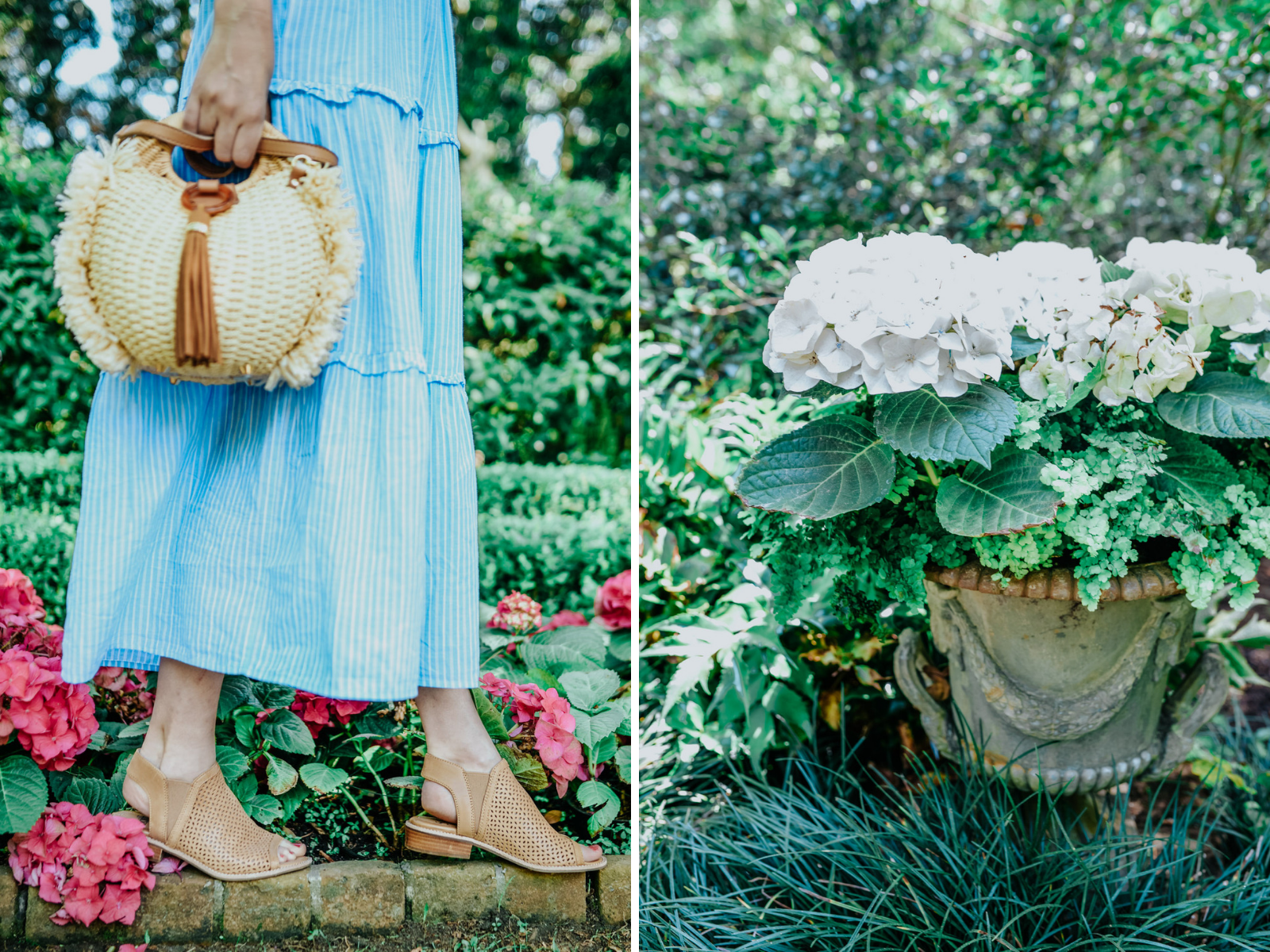 Visiting Bayou Bend Gardens in the Spring featured by top US travel and fashion blog, Lone Star Looking Glass: image of a woman walking through Bayou Bend Gardens wearing a Gal Meet Glam maxi dress, Anthropologie rafia headband and Sofft sandals