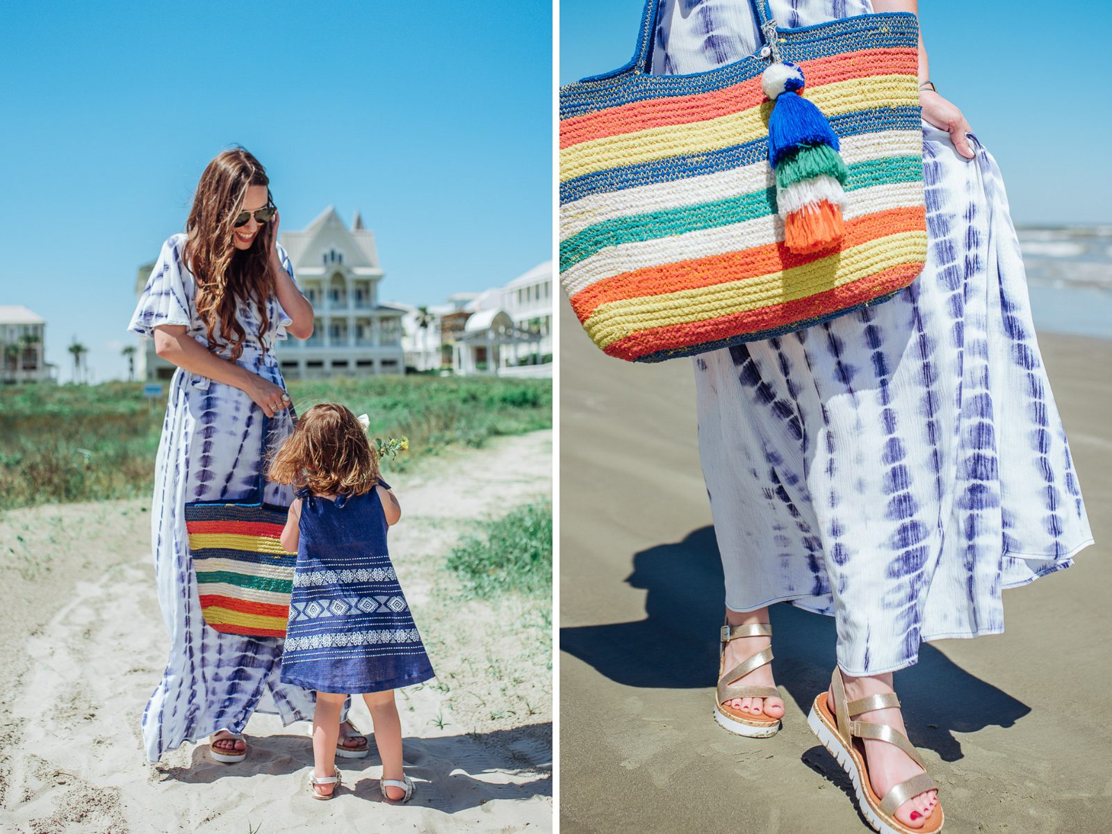 Francesca’s Sundress Outfits to wear for Mothers Day, featured by top US fashion blog, Lone Star Looking Glass: image of a woman wearing a Francesca’s tie dye maxi dress, platform sandals and a striped tote