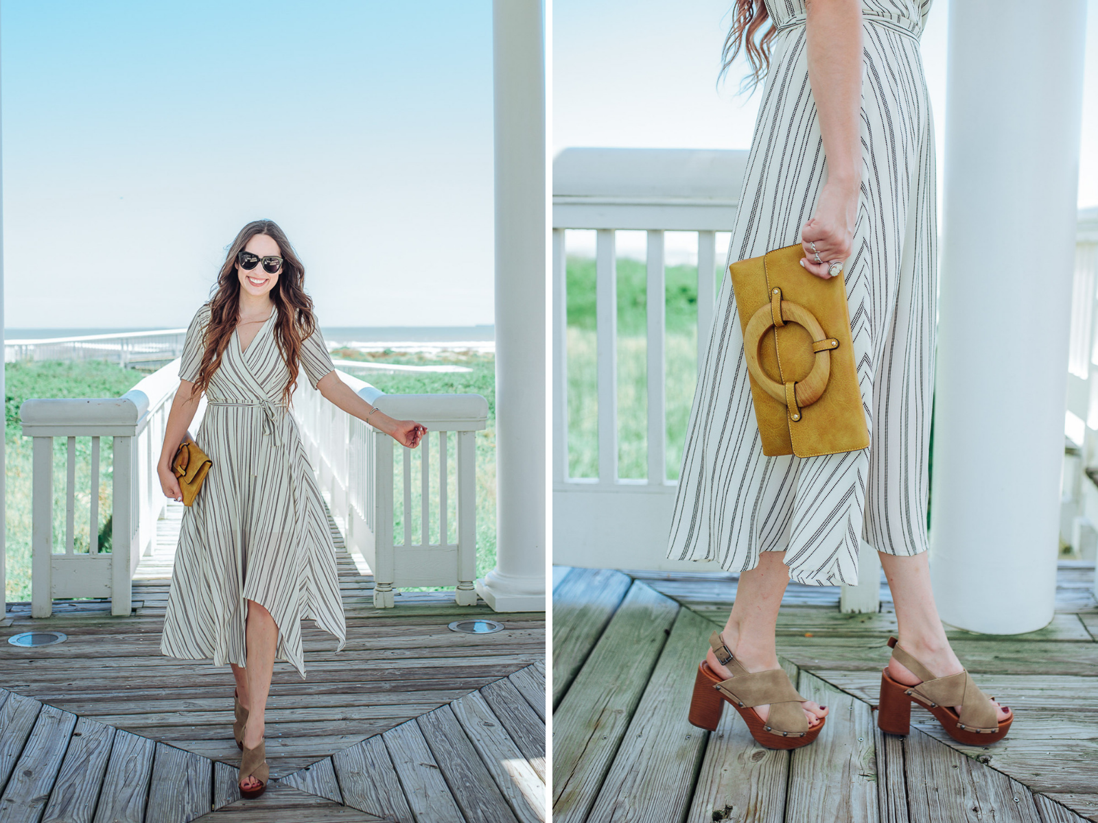 Francesca’s Sundress Outfits to wear for Mothers Day, featured by top US fashion blog, Lone Star Looking Glass: image of a woman wearing a Francesca’s striped midi dress, blocked heels and a yellow folder clutch
