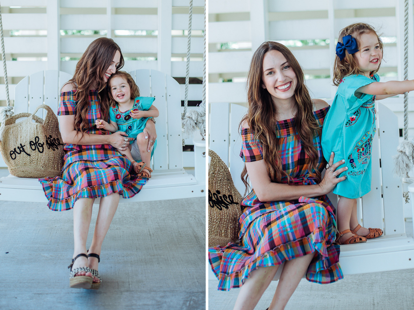 Francesca’s Sundress Outfits to wear for Mothers Day, featured by top US fashion blog, Lone Star Looking Glass: image of a woman wearing a Francesca’s plaid over the shoulder dress, wedge heels and a shopper jute tote