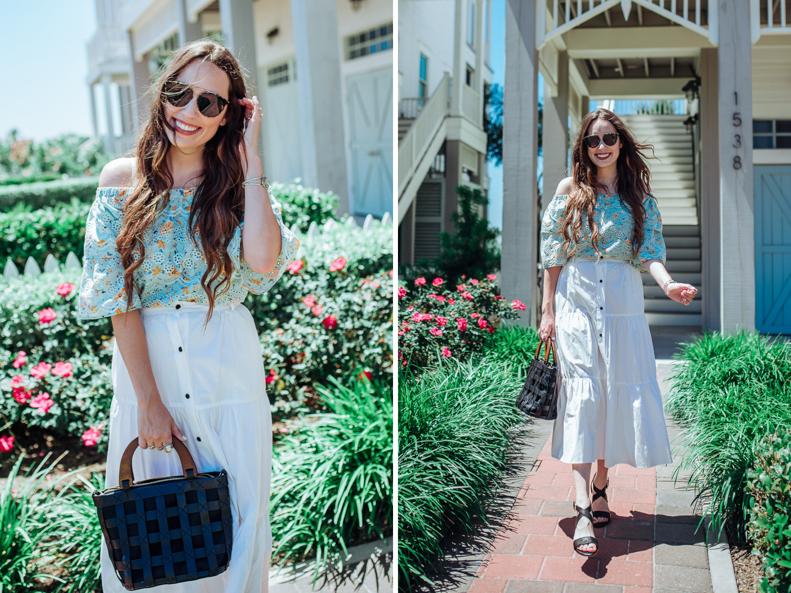 Stylish Platform Wedge Sandals for Summer featured by top US fashion blog, Lone Star Looking Glass: image of a woman wearing Solid & Striped long skirt, Anthropologie off the shoulder floral blouse, and Sofft platform wedge sandals