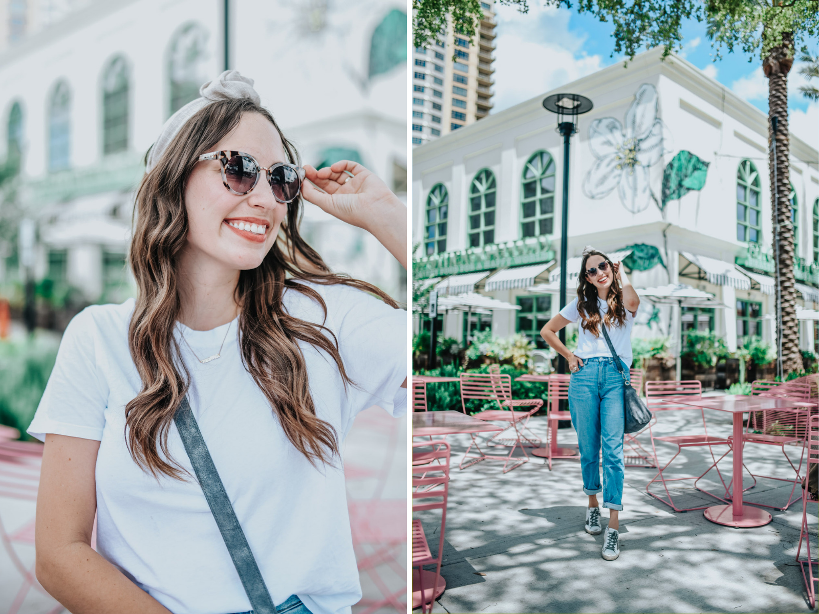 Basic Wardrobe Essentials for every mom featured by top US fashion blog, Lone Star Looking Glass: image of a woman wearing Everlane Straight jeans, Golden Goose sneakers, a knot headband, a crossbody bag and an Everlane white tee.