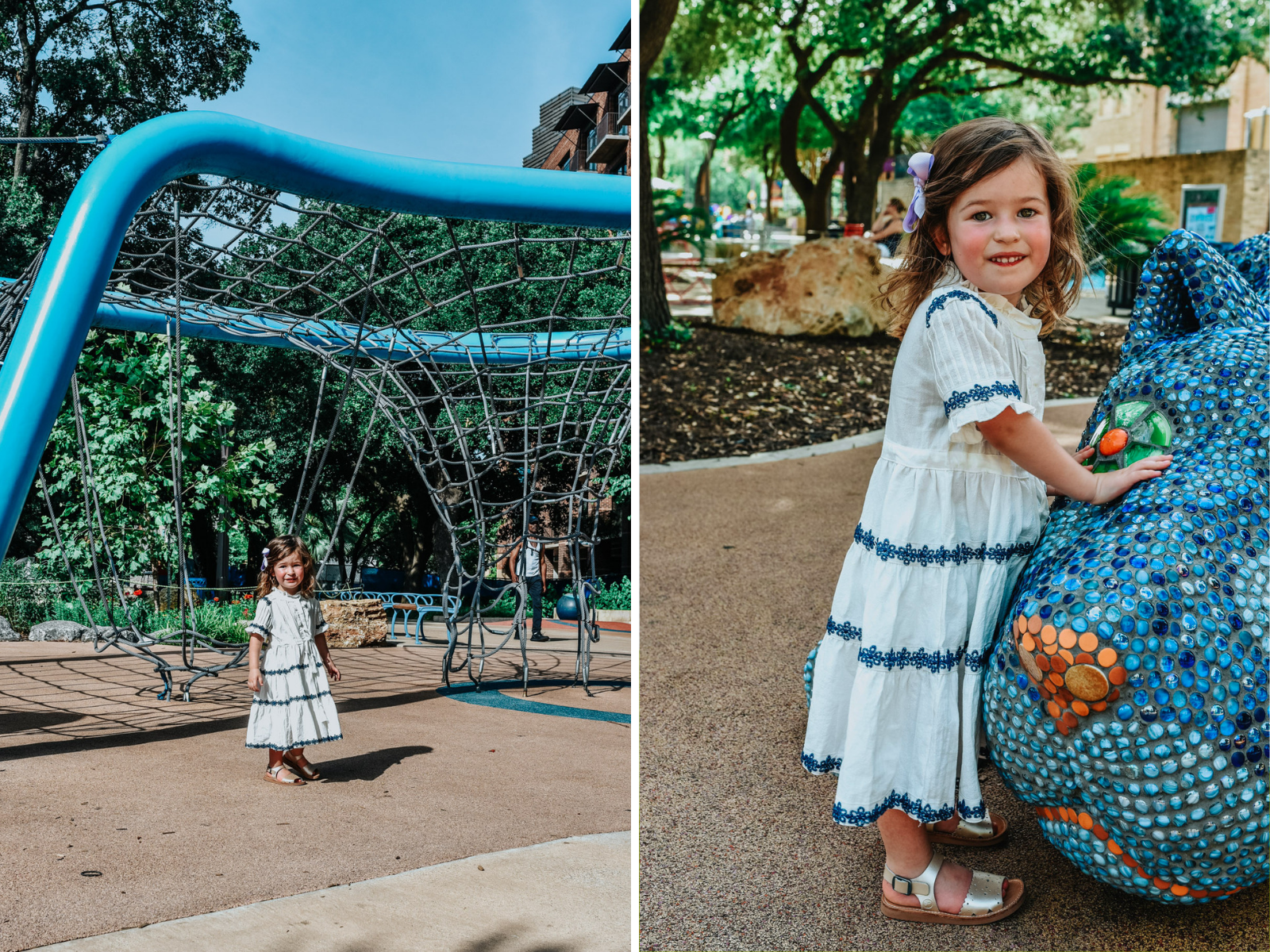 Top 10 Kid Friendly Activities in San Antonio by popular Texas travel blog, Lone Star Looking Glass: image of a little girl playing at the Yanaguana Garden playground.