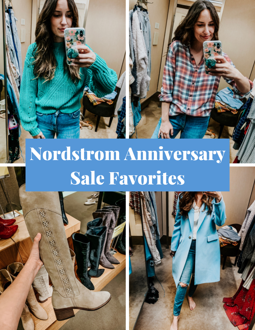 My Take on Shopping the Nordstrom Anniversary Sale by popular Houston fashion blog, Lone Star Looking Glass: collage image of woman wearing a sweater, plaid shirt, boots, and overcoat from the Nordstrom Anniversary Sale.