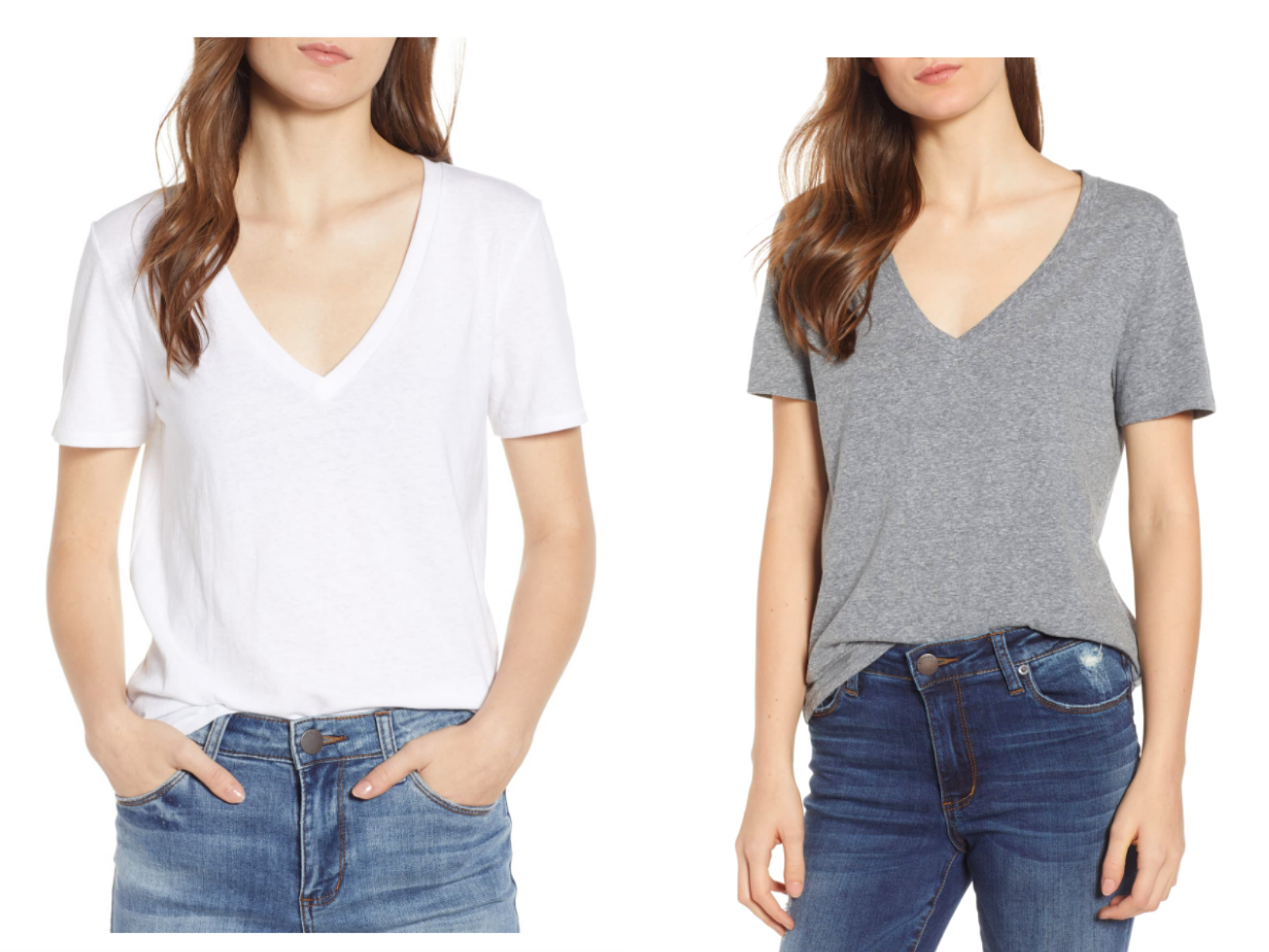My Take on Shopping the Nordstrom Anniversary Sale by popular Houston fashion blog, Lone Star Looking Glass: collage image of a white and grey BP V-Neck Tee. 