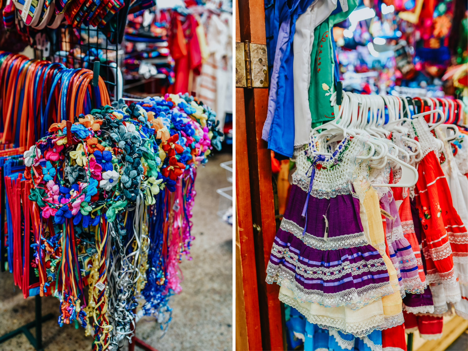 Top 10 Kid Friendly Activities in San Antonio by popular Texas travel blog, Lone Star Looking Glass: image of faux floral crowns and Mexican dresses at the Historic Market Square.