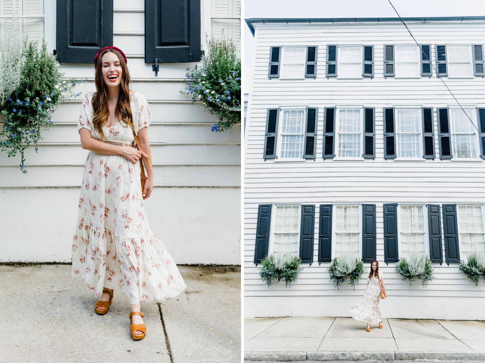 The New Southern Living Tastemaker, featured by top US life and style blog, Lone Star Looking Glass: image of a woman wearing a LoveShackFancy floral maxi dress, Patricia Nash leather sandals, velvet headband, and a Poolside Le Cercle crossbody tote.