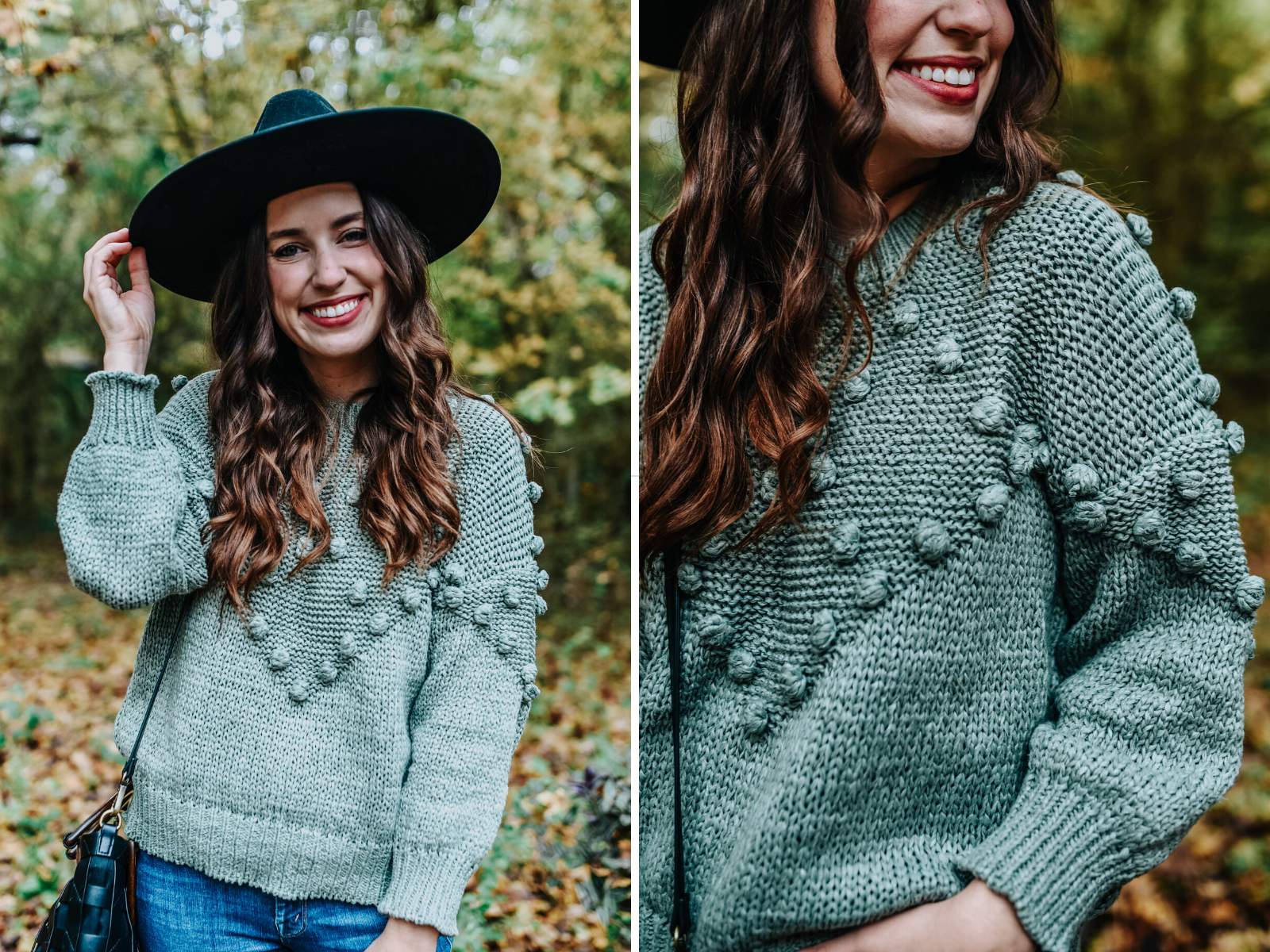 Fall Trends: Pom Pom Sweaters + Combat Boots by popular fashion blog, Lone Star Looking Glass: image of a woman outside wearing a Chicwish Pom-Pom Trim Chunky Knit Sweater in Green and MARC FISHER LTD Izzie Lugsole Ankle Boots. 