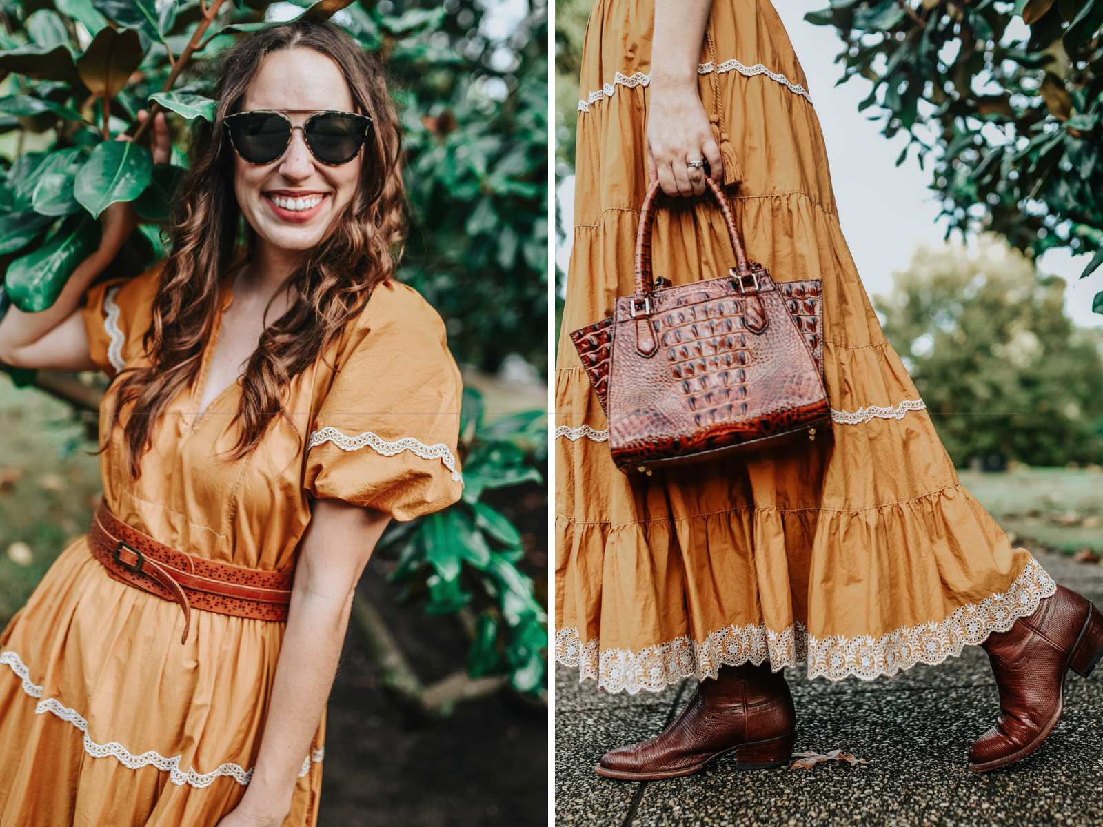 A Bold Yellow Maxi Dress for Fall by Popular Tennessee fashion blog, Lone Star Looking Glass: image of a woman standing outside and wearing a Ulla Johnson Claribel Dress.