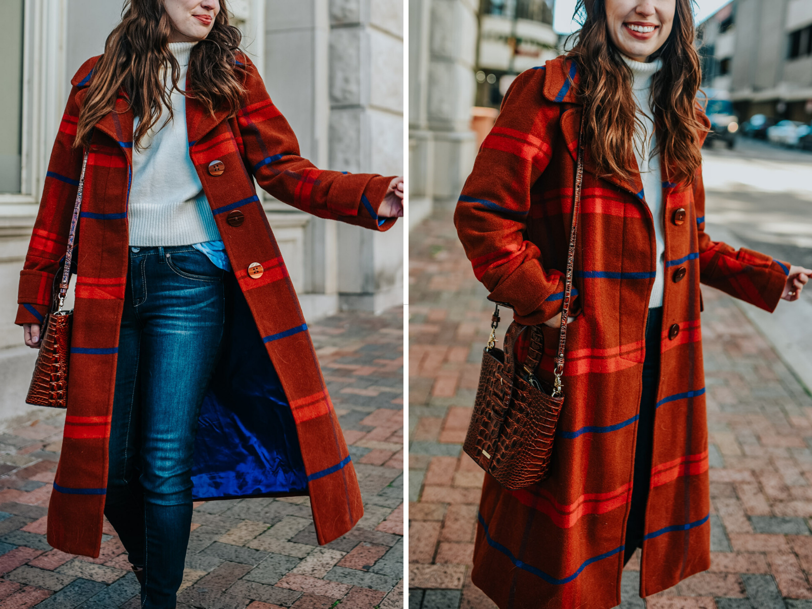 Plaid winter coats featured by top US fashion blog, Lone Star Looking Glass: image of a woman wearing an Anthropologie red plaid winter coat.