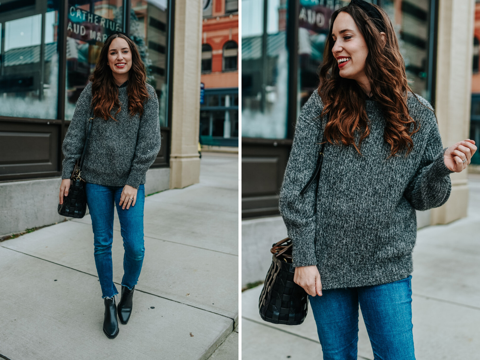 My 5 Wardrobe Winter Essentials by popular Tennessee fashion blog, Lone Star Looking Glass: image of a woman walking outside in a city and wearing a pair of Everlane The Western Boot, Everlane The Oversized Alpaca Crew, black knotted headband and Everlane The Italian ReWool Overcoat.