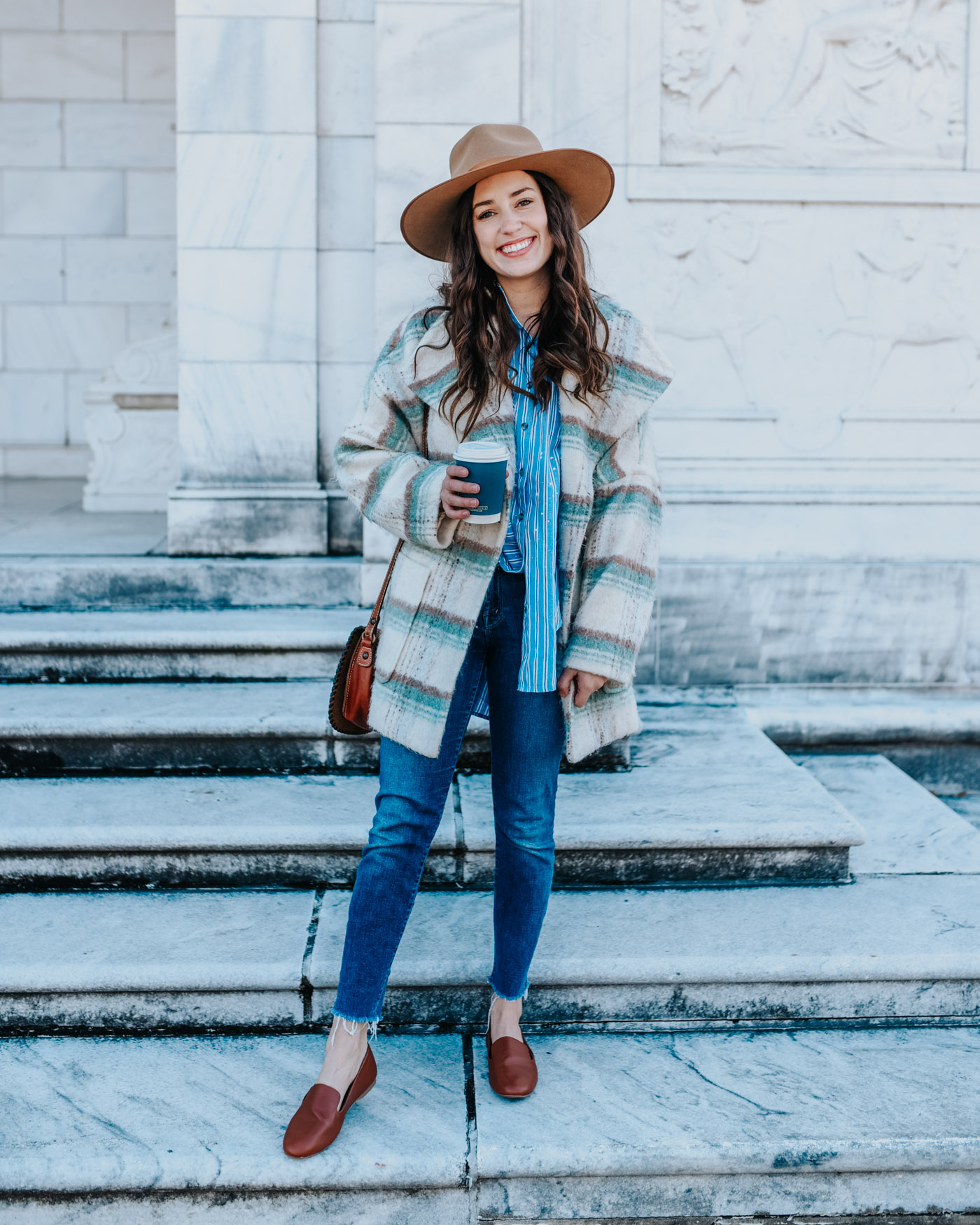 My Go To Winter Weekend Looks by popular Memphis fashion blog, Lone Stare Looking Glass: image of a woman wearing an Anthropologie The Bo Boyfriend Buttondown, Anthropologie Elsa Plaid Coat, and Birdies the starling flat. 
