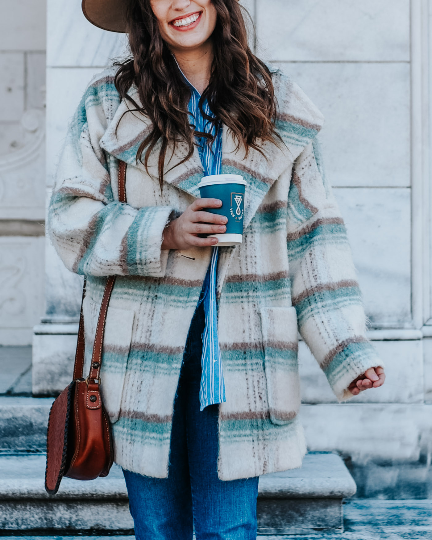 My Go To Winter Weekend Looks by popular Memphis fashion blog, Lone Stare Looking Glass: image of a woman wearing an Anthropologie The Bo Boyfriend Buttondown, Anthropologie Elsa Plaid Coat, and Birdies the starling flat. 