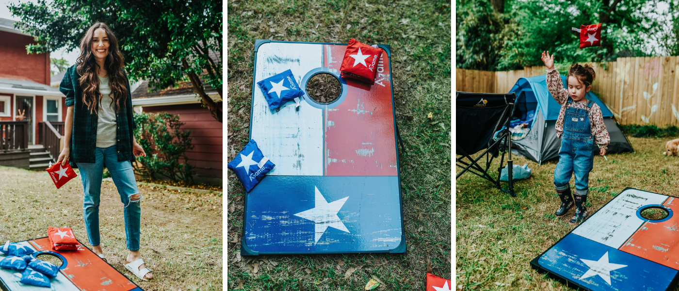 Backyard Camping by popular Memphis lifestyle blog, Lone Star Looking Glass: image of a mom wearing a Academy BCG Women's Slub Solid T-shirt and Academy Carhartt Women's Rugged Flex Hamilton Flannel Work Shirt and playing Academy AGame Lone Star Bag Toss Game with her daughter.