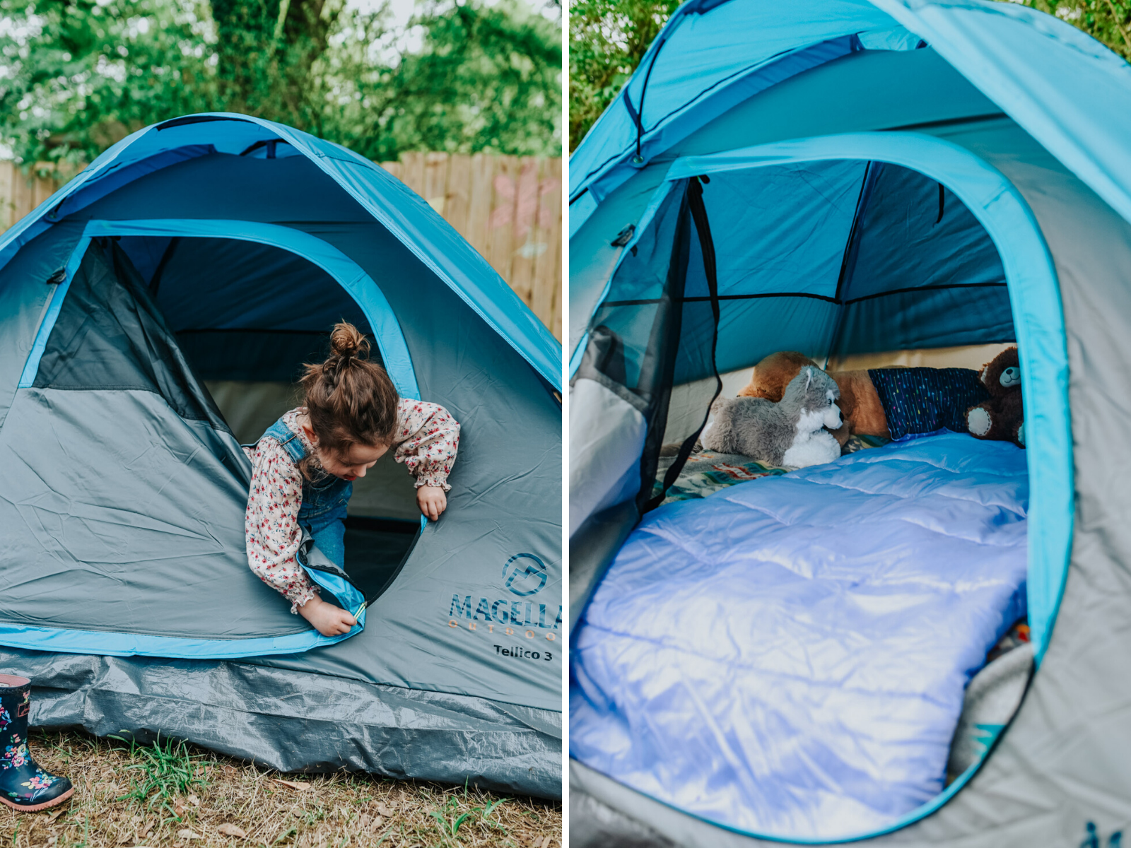 Backyard Camping by popular Memphis lifestyle blog, Lone Star Looking Glass: image of a little girl zipping up a Academy Magellan Outdoors Tellico 3 Person Dome Tent with a Academy Queen-Size Plush Top Airbed and Academy Magellan Outdoors Kids' 45-Degree F Rectangular Sleeping Bag inside.