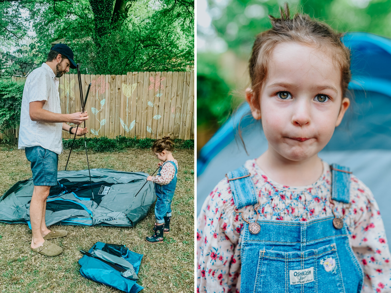 Backyard Camping by popular Memphis lifestyle blog, Lone Star Looking Glass: image of a dad setting up a Academy Magellan Outdoors Tellico 3 Person Dome Tent with his daughter.