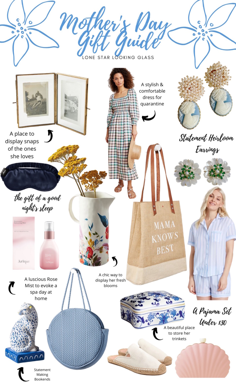 Mother's Day Gift Ideas by popular Memphis life and style blog, Lone Star Looking Glass: collage image of a rattan bag, sleeping mask, blue leopard book ends, smock maxi dress, matching pajama set, perfume, water pitcher, and book.