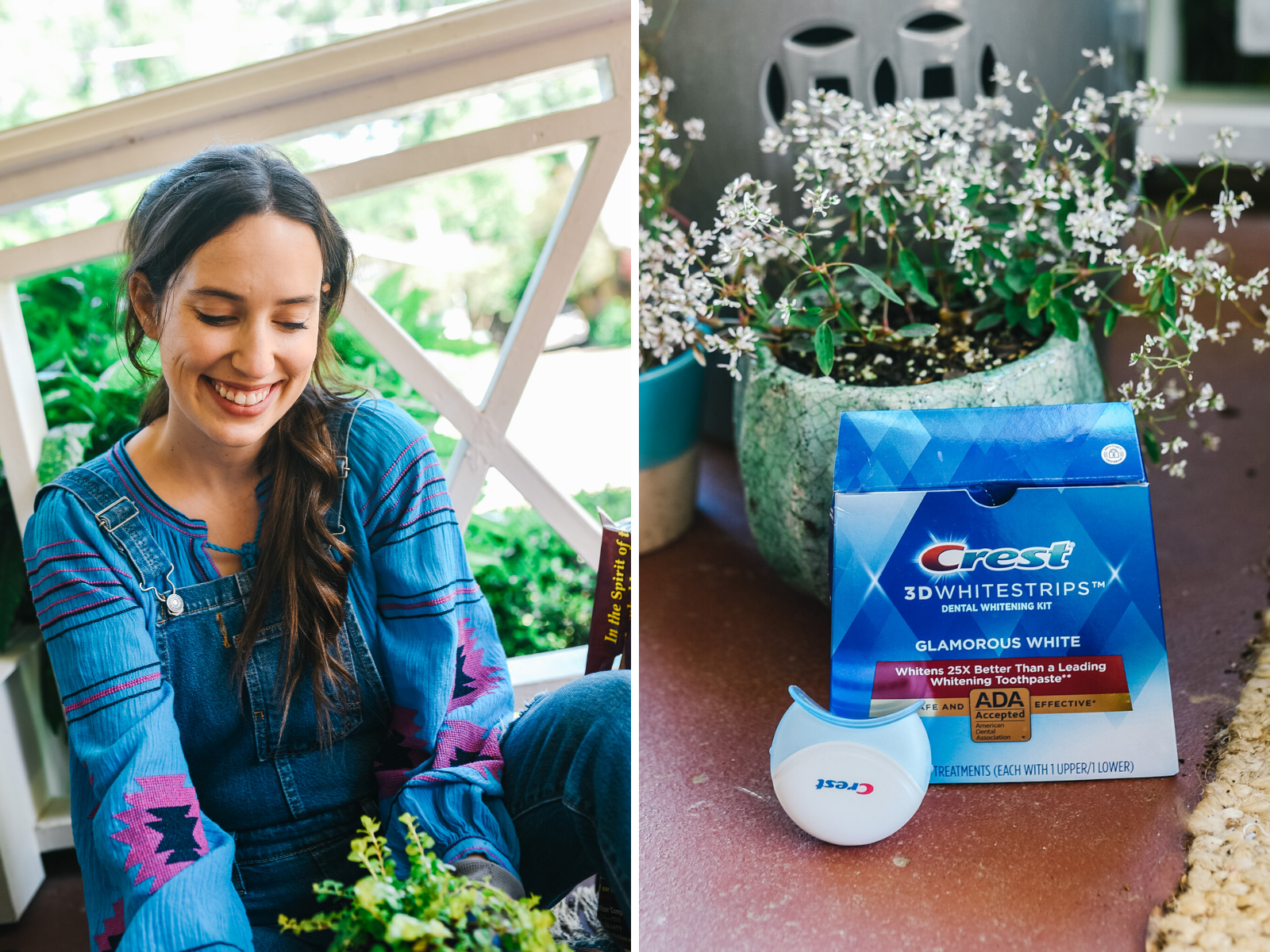 Crest 3D Whitestrips by popular Memphis lifestyle blog, Lone Star Looking Glass: image of a woman sitting next to a box of Crest 3D Whitestrips while she pots plants on her front porch. 