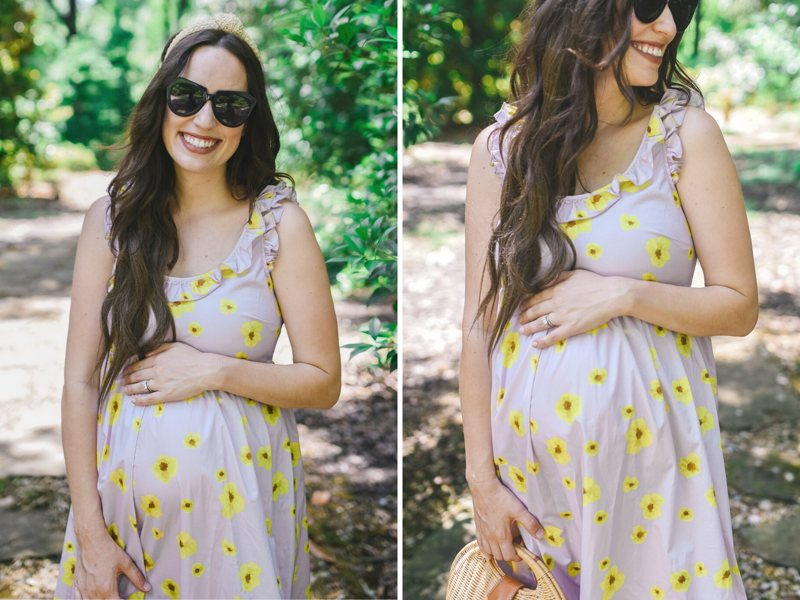 Pregnancy Tips by popular Memphis motherhood blog, Lone Star Looking Glass: image of a woman standing outside on a stone path and wearing a Hatch The Rafaela Dress, Knotted raffia headband, black sunglasses, and Raye Judah Slide.