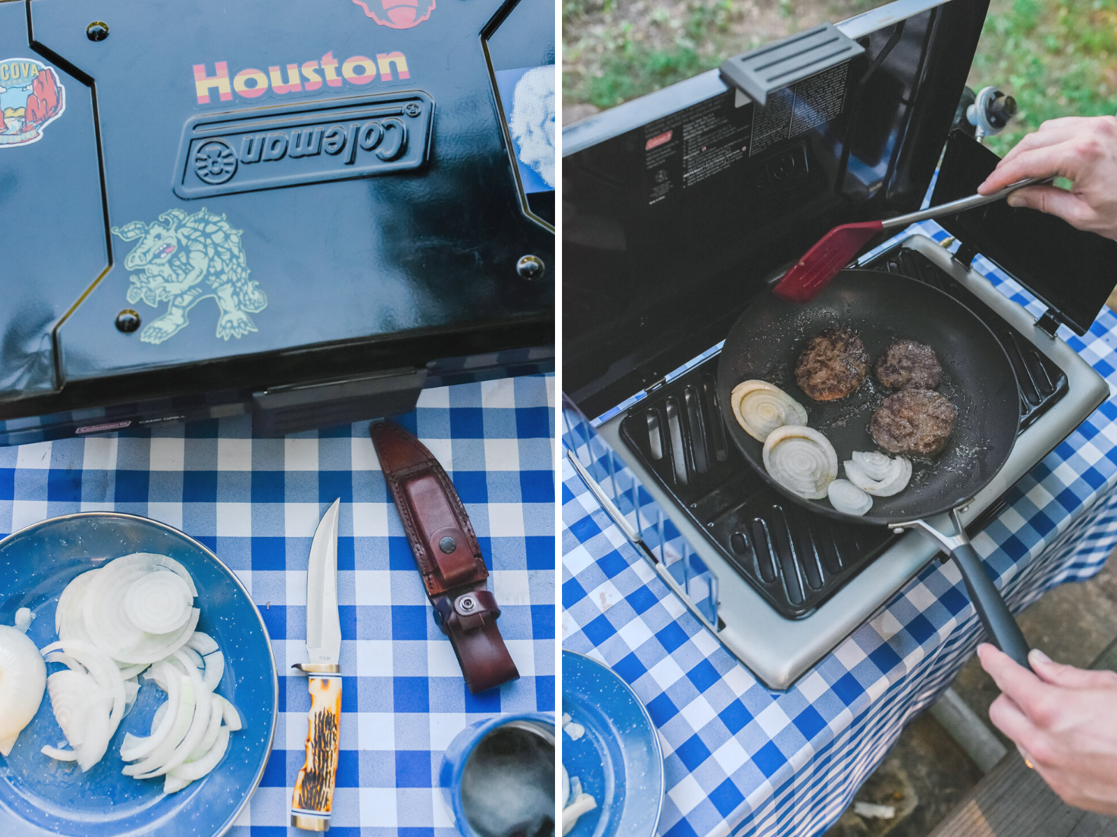 Father's Day Gift Ideas by popular Memphis lifestyle blog, Lone Star Looking Glass: image of a Coleman PerfectFlow 2 Burner Camp Stove and a Academy Henry Golden Fixed Knife.