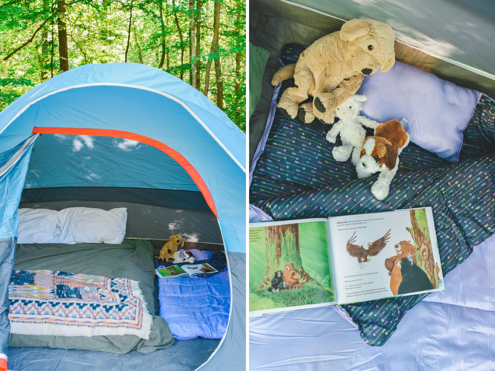 Father's Day Gift Ideas by popular Memphis lifestyle blog, Lone Star Looking Glass: image of Coleman tent with a air mattress,purple sleeping bag, stuffed dogs and a bear picture book. 