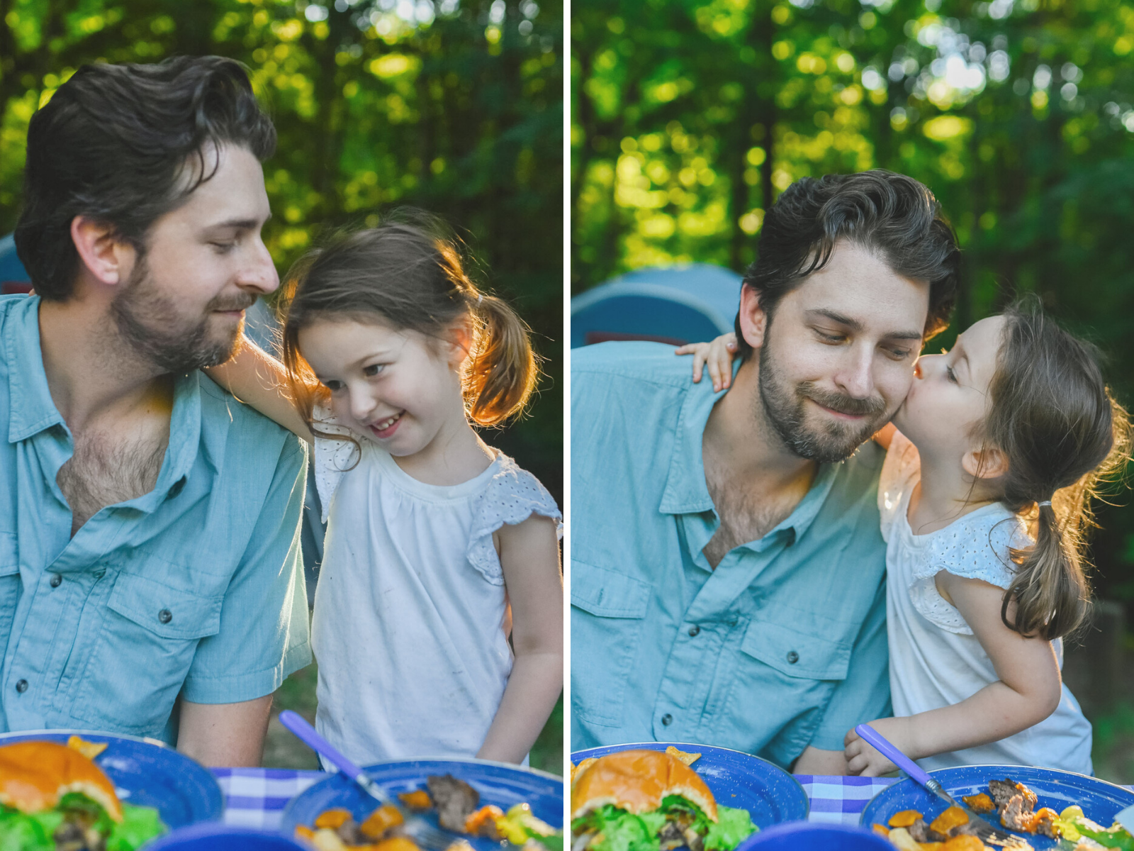 Father's Day Gift Ideas by popular Memphis lifestyle blog, Lone Star Looking Glass: image of a man wearing a Academy Sports Magellan Outdoors Men's Button Down shirt and eating off of Academy blue enamel wear plates with his daughter.