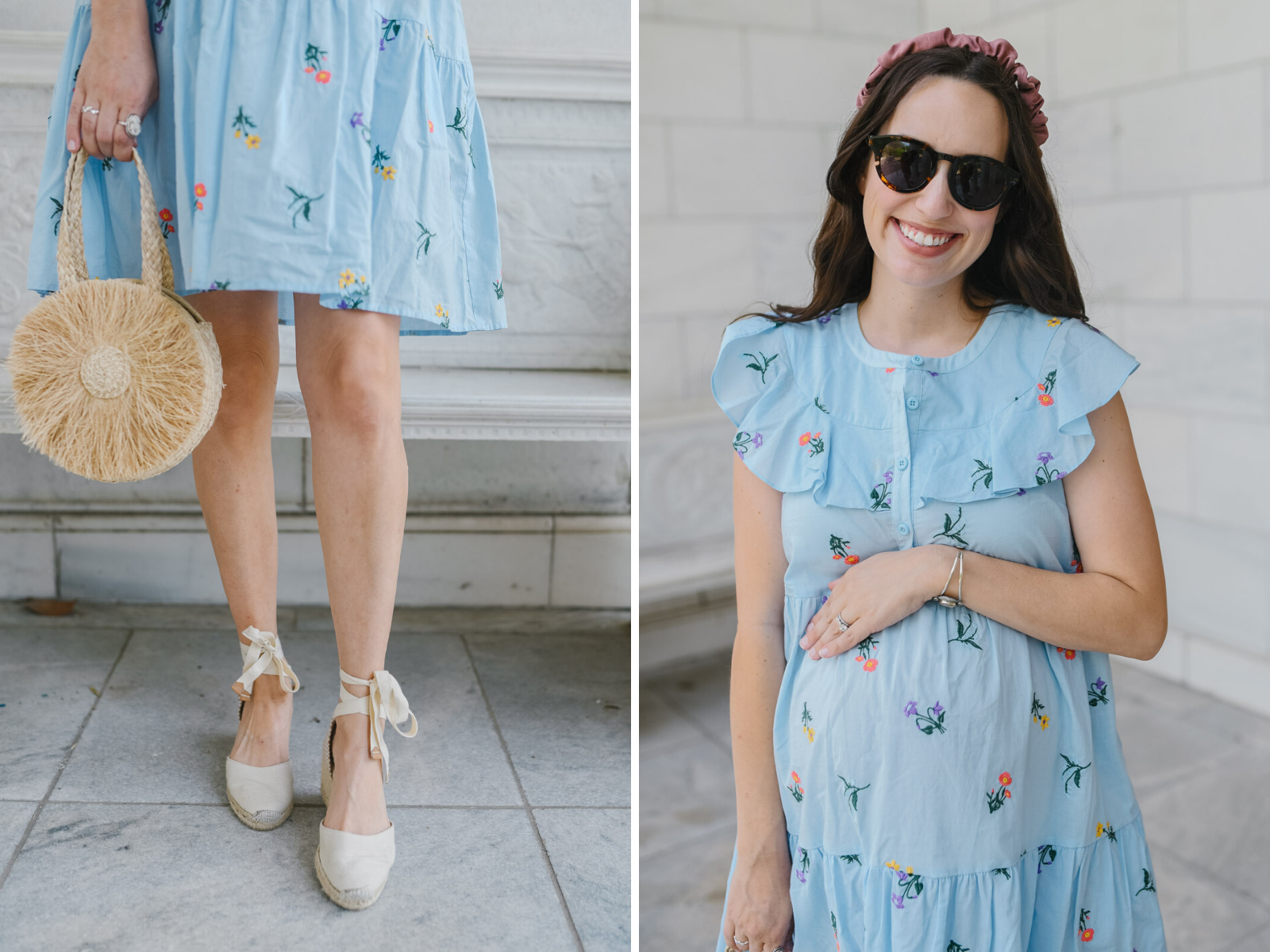 Embroidered Dress by popular Memphis fashion blog, Lone Star Looking Glass: image of a woman wearing some tortoiseshell frame sunglasses, a pink headband, Soludos Mallorca Wedges, Gal Meets Glam blue embroidered dress, and holding a straw circle bag. 