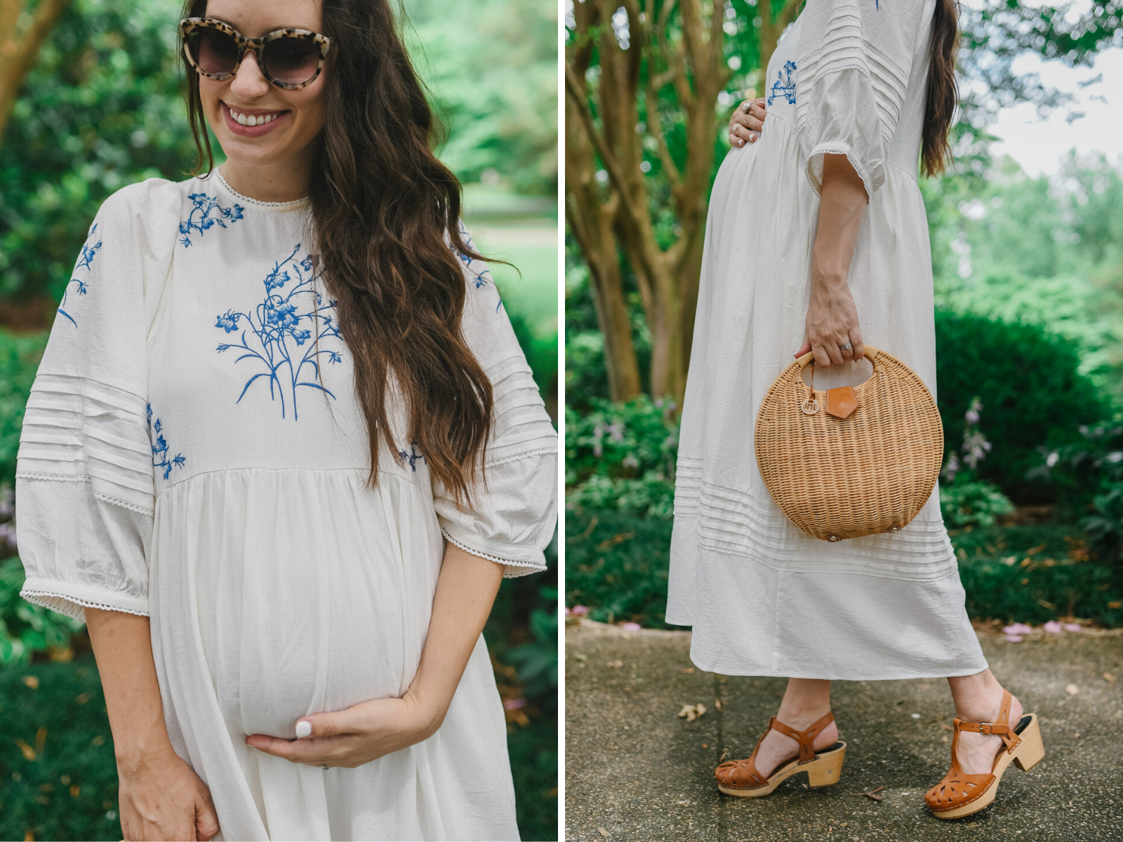 Meadows Dresses by popular Memphis fashion blog, Lone Star Looking Glass: image of a woman standing outside while holding a bouquet of hydrangeas and wearing a Meadows Azelea dress, brown clog sandals, and carrying a wicker purse. 