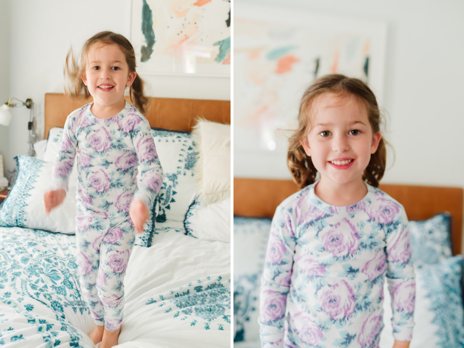 Maternity Pajamas by popular Memphis fashion blog, Lone Star Looking Glass: image of a a little girl wearing a purple rose print pajama set and jumping on a bed. 