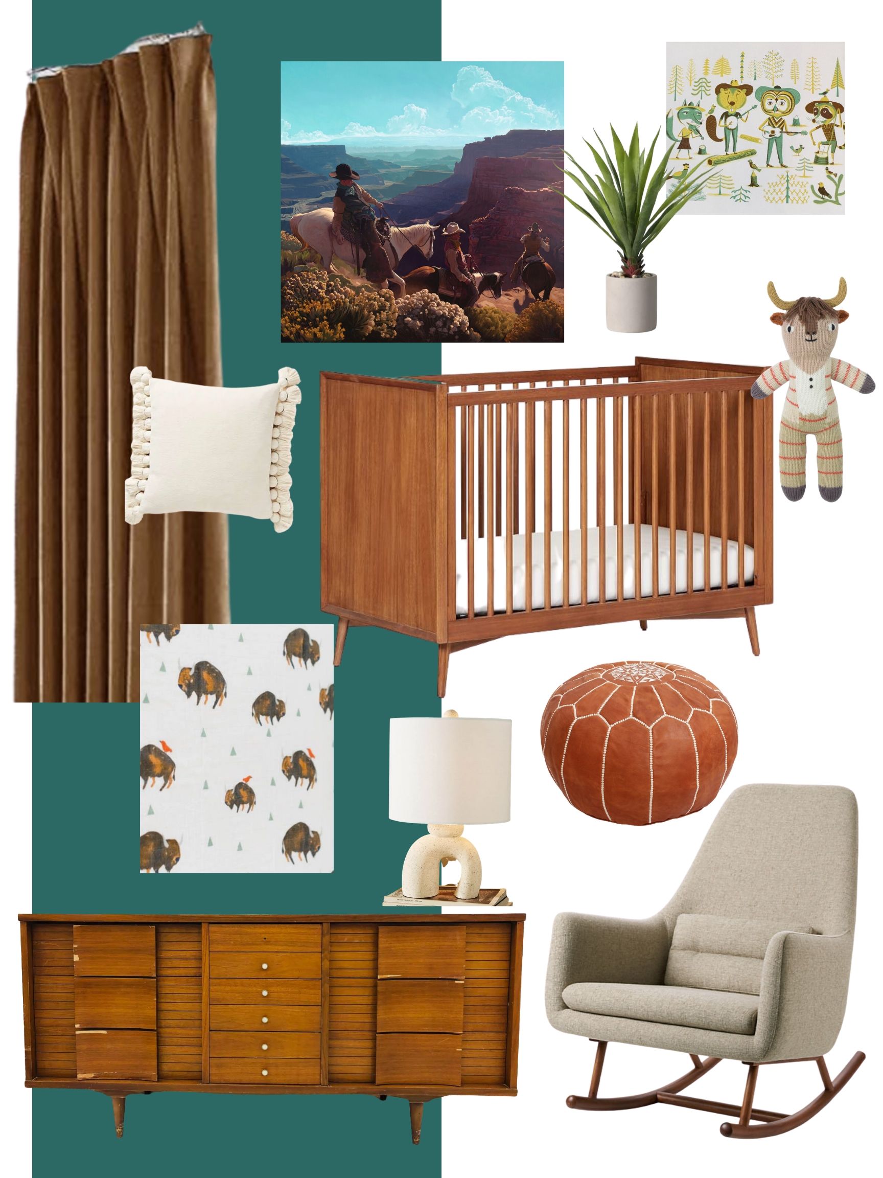 Western Nursery by popular Memphis life and style blog, Lone Star Looking Glass: collage image of a Anthropologie Mesa Ceramic Table Lamp, AllModern Cherise Leather Pouf, CB2 SAIC QUANTAM GUNSMOKE ROCKING CHAIR, Blabla Kids Pablo the Longhorn Knit Doll, Target Bison Little Unicorn Cotton Muslin Fitted Crib Sheet, Target 17" Yucca in Pot, Anthropologie Tasseled Chenille Nadia Pillow, Pottery Barn Kids West Elm X Pbk Mid-Century Convertible Crib, and Amazon jinchan Velvet Curtain.