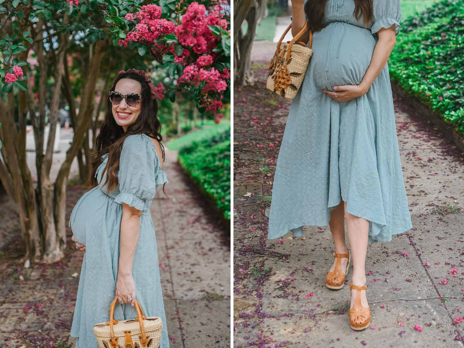 Midi Dress by popular Memphis fashion blog, Lone Star Looking Glass: image of a woman standing outside by a pink flowering bush and wearing a Amazon R.Vivimos Women Summer Half Sleeve Cotton Ruffled Vintage Elegant Backless A Line Flowy Long Dresses and Anthropologie Skye Braided Headband.