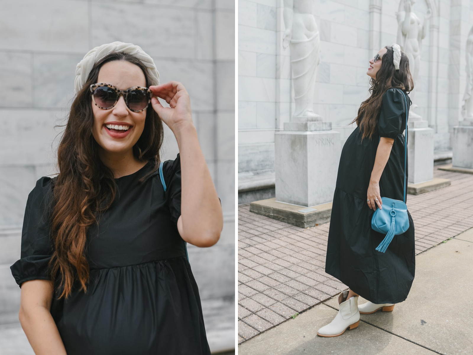 White Cowboy Boots by popular Memphis fashion blog, Lone Star Looking Glass: image of a woman standing outside and wearing a black puff sleeve maxi dress, Amazon Velvet Braided Flock Padded Headband, Hobo BIRDY Crossbody, and white cowboy boots. 