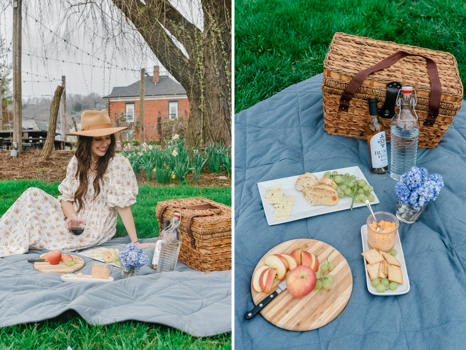 Bunn House by popular Memphis travel blog, Lone Star Looking Glass: image of a woman sitting outside on a picnic blanket near the Bunn House and wearing a Lack of Color hat and floral puff sleeve maxi dress. 