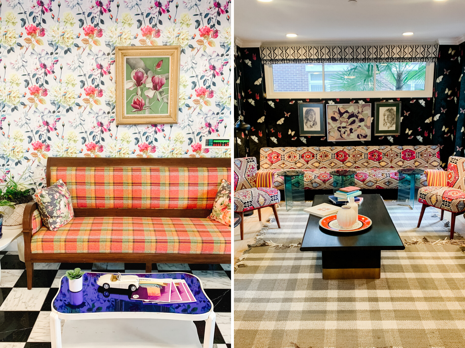 Things to do in Columbia SC by popular Memphis travel blog, Lone Star Looking Glass: image of a plaid couch and floral wallpaper at the Graduate hotel in Columbia SC.