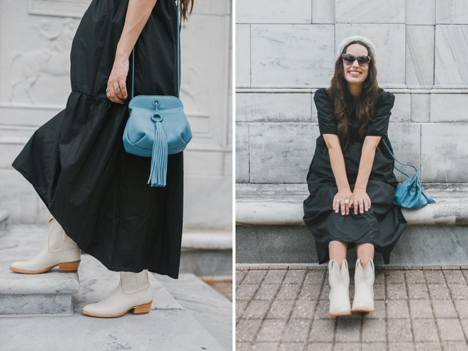 White Cowboy Boots by popular Memphis fashion blog, Lone Star Looking Glass: image of a woman standing outside and wearing a black puff sleeve maxi dress, Amazon Velvet Braided Flock Padded Headband, Hobo BIRDY Crossbody, and white cowboy boots. 