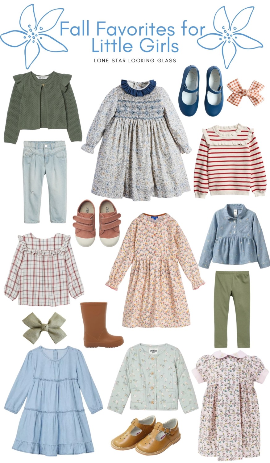 Fall Clothing by popular Memphis fashion blog, Lone Star Looking Glass: collage image of various little girl dresses, pants, jeans, ballet flats, bows, skirts, and blouses.