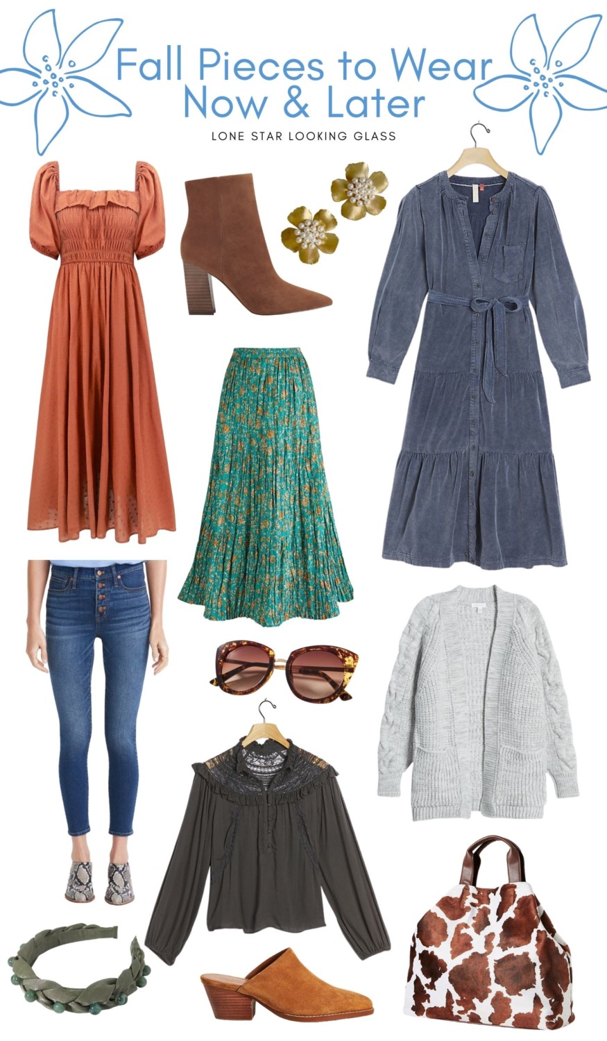 fall 2020 fashion trends. fall transitional outfit ideas. navy anthropologei dress, madewell high rise jeans, topshop cable knit sweater