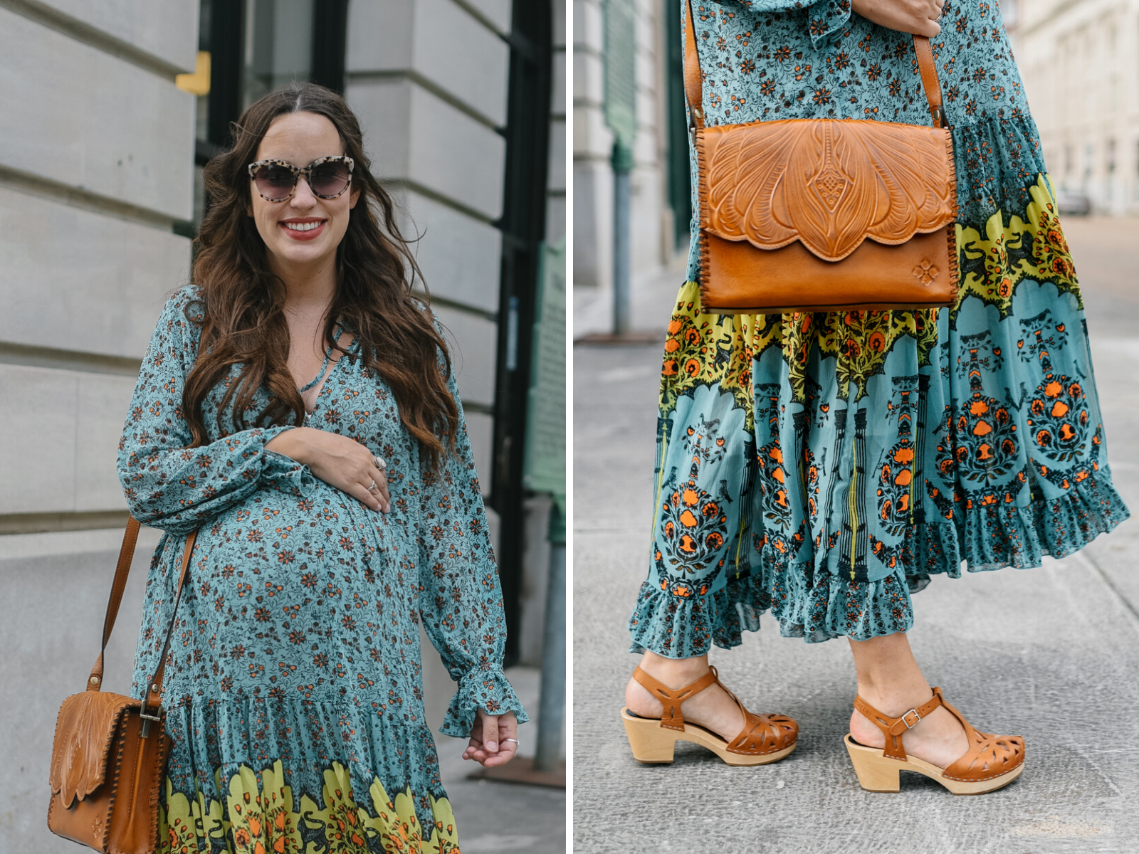 Fall Clothing by popular Memphis fashion blog, Lone Star Looking Glass: image of a woman walking down a city sidewalk and wearing a Free People Free People Feeling Groovy Border Printed Maxi Dress, Swedish clogs, and carrying a Patricia Nash Leather Sarola Crossbody.