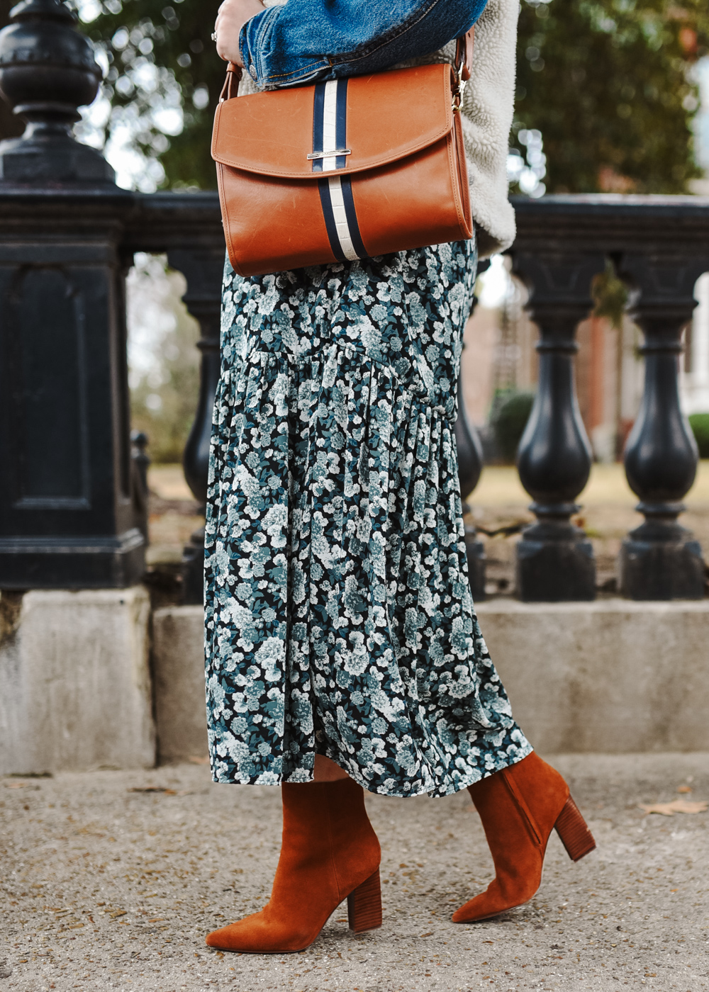 marc fisher suede booties, brahmin striped bag, free people green floral dress
