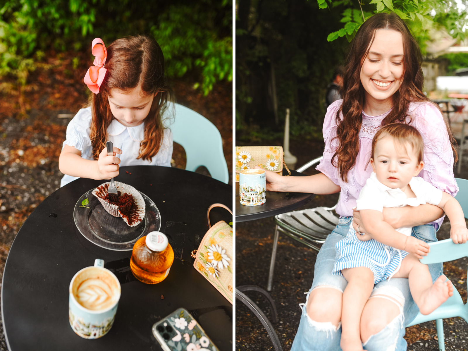 Maxi Cosi Coral XP Car Seat by popular Memphis motherhood blog, Lone Star Looking Glass: image of a mom sitting at a bistro table with her daughter and eating a cupcake while holding her young son on her lap. 