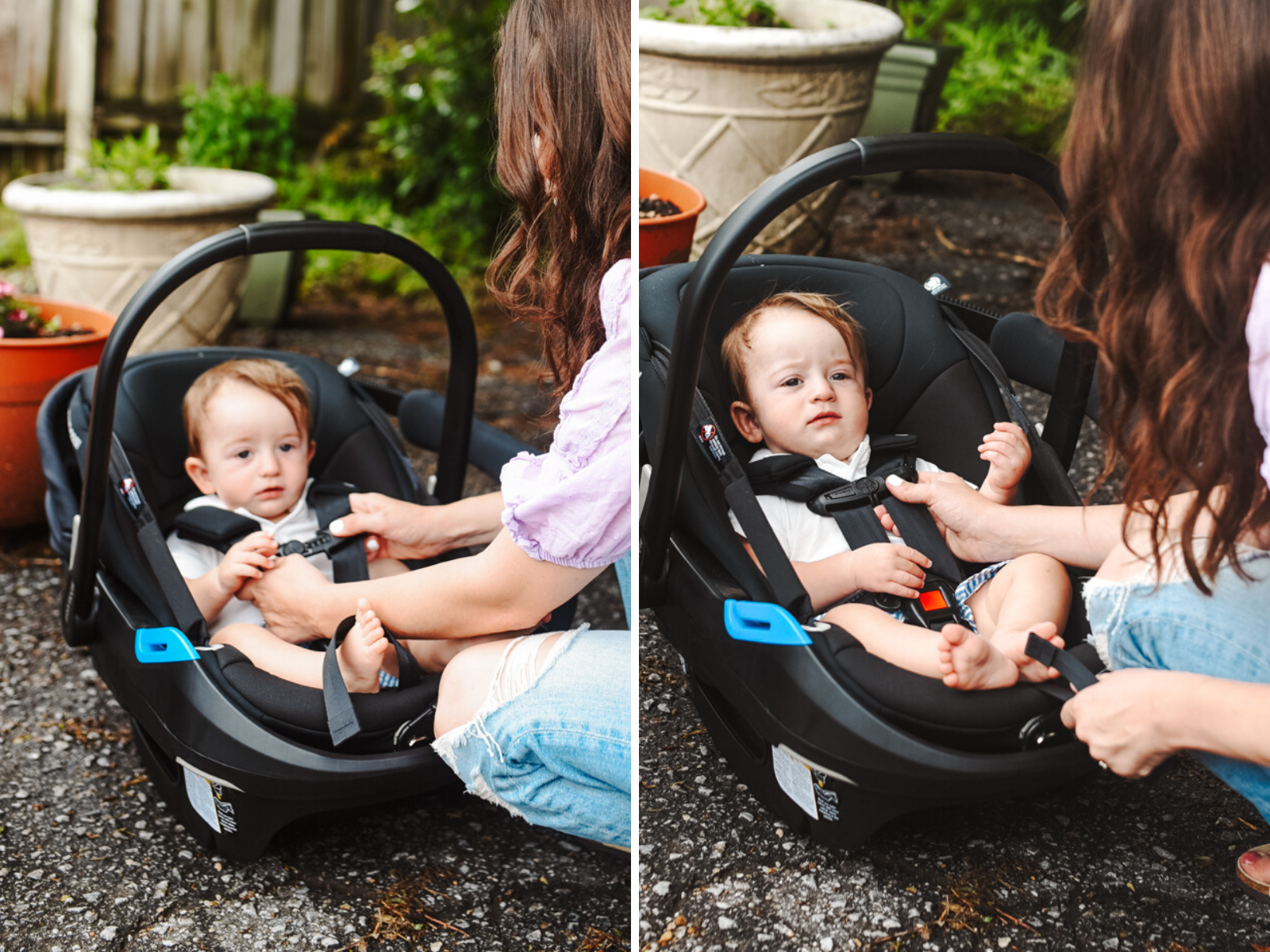 Maxi Cosi Coral XP Car Seat by popular Memphis motherhood blog, Lone Star Looking Glass: image of a mom buckling her young son into a Maxi Cosi Coral XP car seat. 