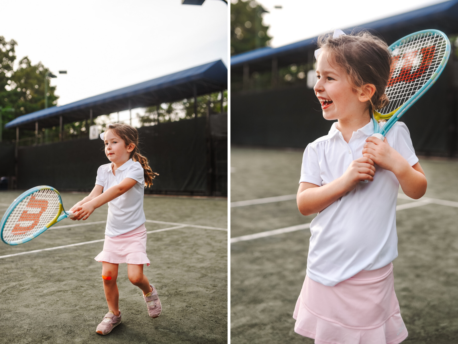 Tennis Outfits by popular Memphis fashion blog, Lone Star Looking Glass: image of a young girl standing on a tennis court and holding a tennis racket while wearing a pink tennis skirt, white polo tennis shirt and white bow in her hair. 