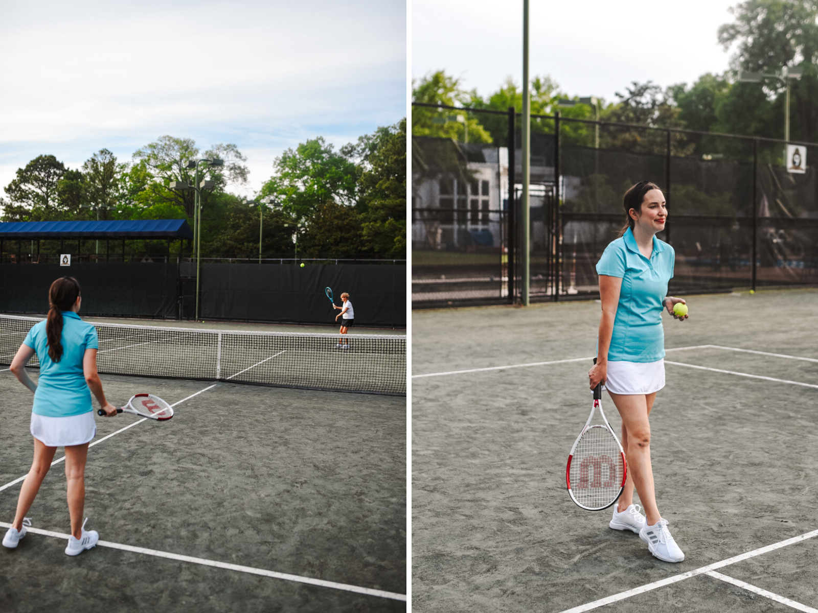 Tennis Outfits by popular Memphis fashion blog, Lone Star Looking Glass: image of two women standing together on a tennis court and and playing tennis while wearing tennis outfits.