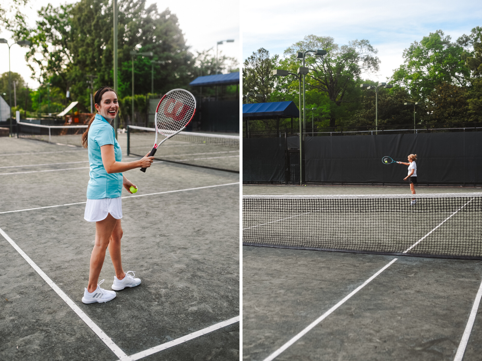 Tennis Outfits by popular Memphis fashion blog, Lone Star Looking Glass: image of two women standing together on a tennis court and and playing tennis while wearing tennis outfits.