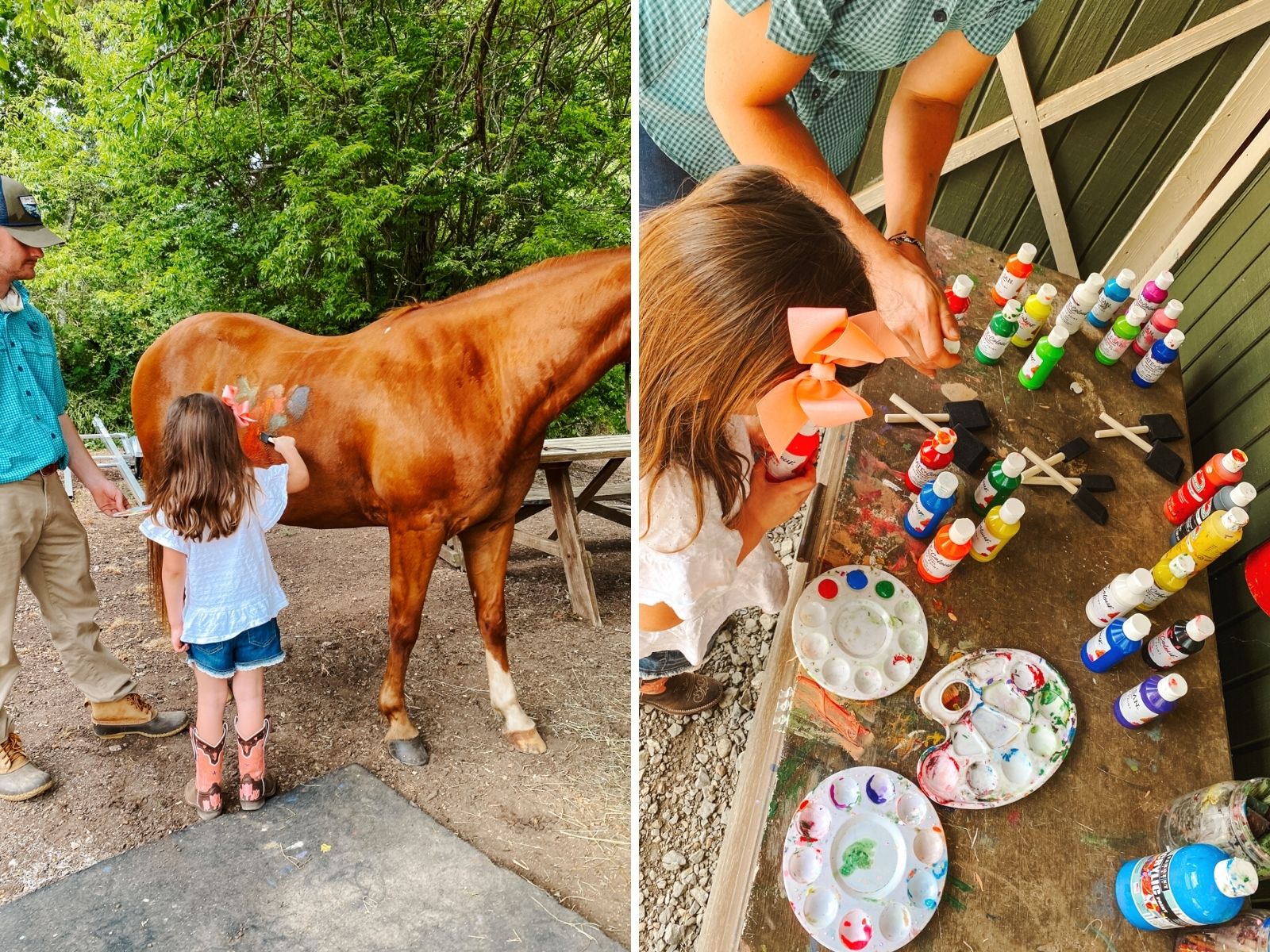 Barnsley Resort by popular Memphis travel blog, Lone Star Looking Glass: collage image of a young girl looking at paint bottles and painting a floral design on the side of a horse. 