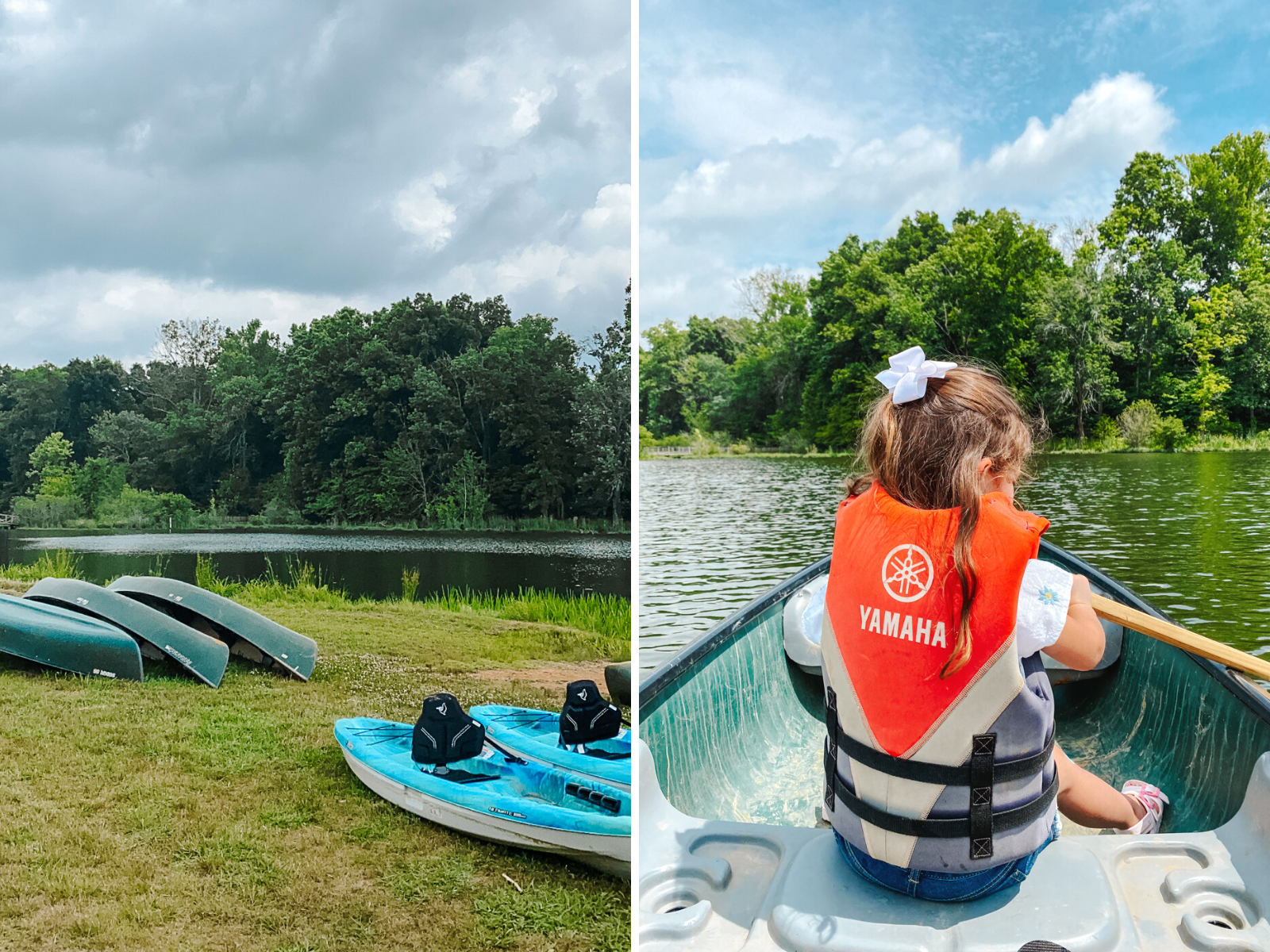 Barnsley Resort by popular Memphis travel blog, Lone Star Looking Glass: collage image of some canoes lying next to each other on the grass and a young girl wearing a life jacket and sitting in a canoe on a lake. 