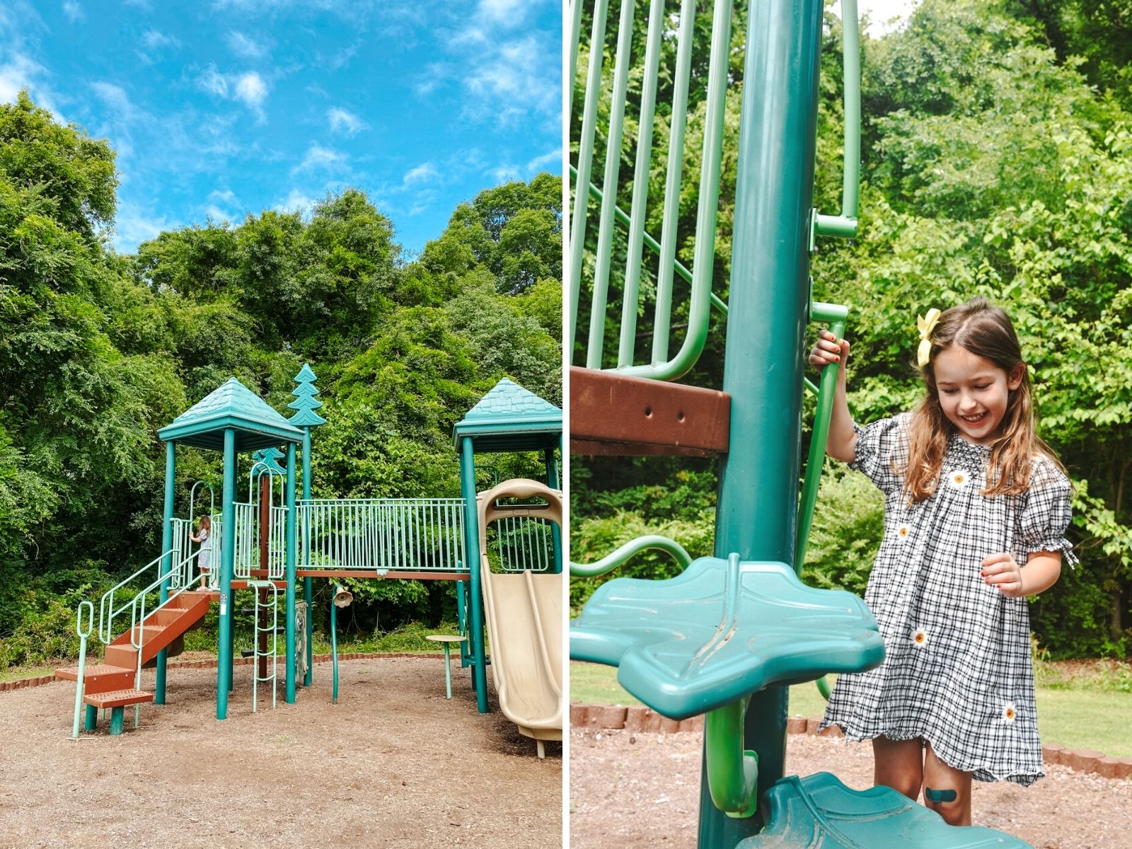 Barnsley Resort by popular Memphis travel blog, Lone Star Looking Glass: collage image of a young girl wearing a black and white gingham daisy print dress and playing on a playground. 