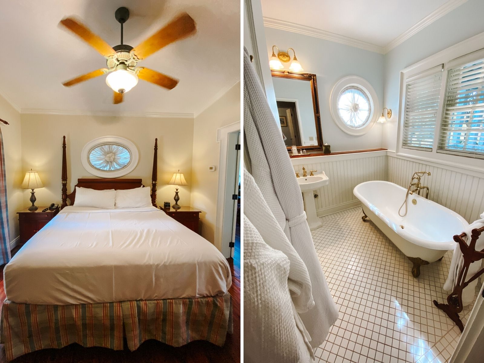 Barnsley Resort by popular Memphis travel blog, Lone Star Looking Glass: collage image of a four post bed with a plaid dust ruffle, and a bathroom with a white clawfoot tub, wooden towel rack, and white tile flooring. 