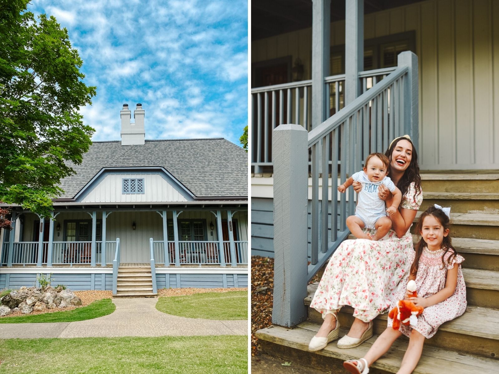 Barnsley Resort by popular Memphis travel blog, Lone Star Looking Glass: collage image of a white building with a blue porch and a mom and her young daughter and son sitting on some wooden steps and wearing a floral print midi dress, knotted headband, lace up espadrilles, smock neck floral print dress, white sandals, and a blue smock romper. 