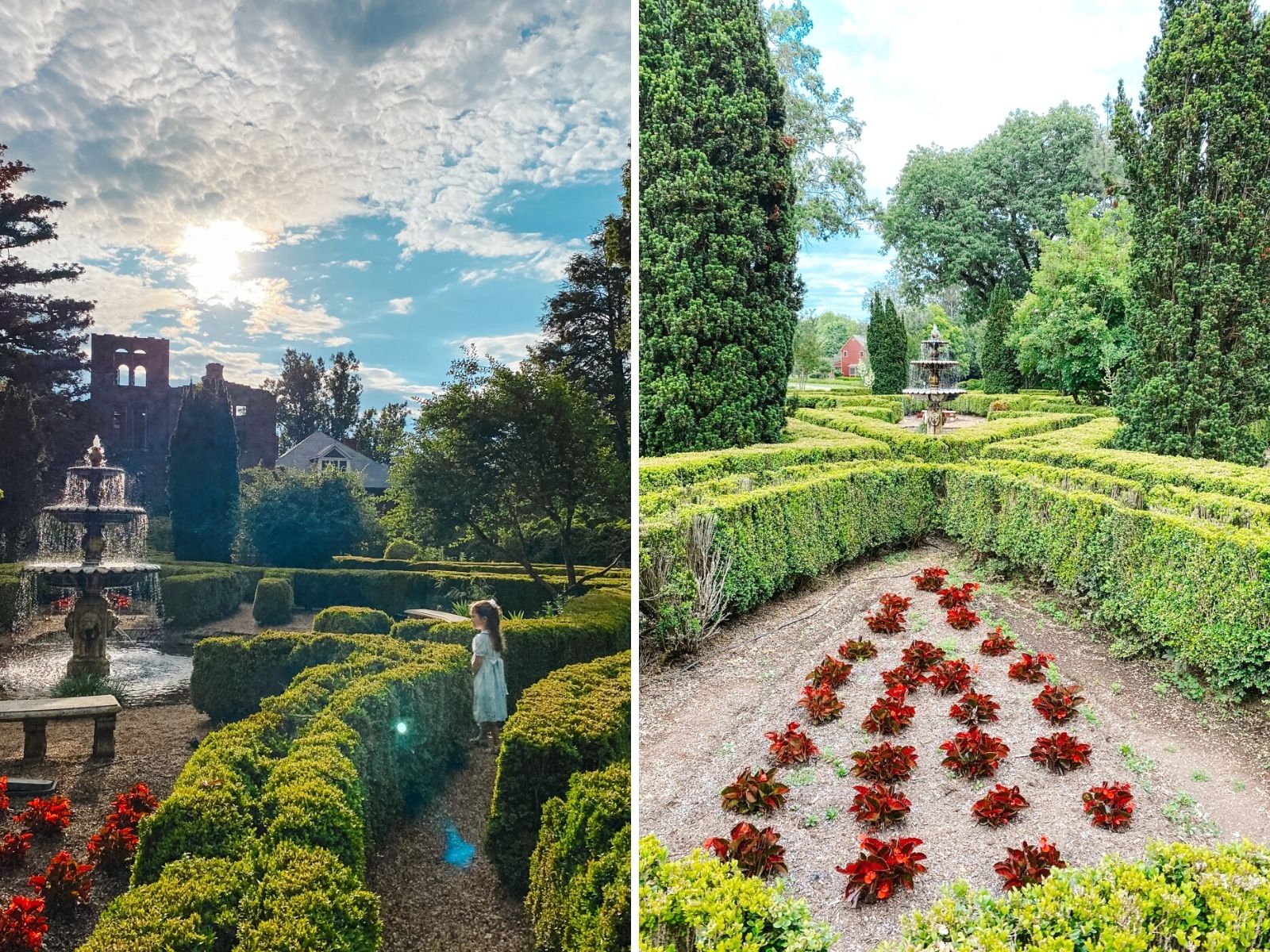 Barnsley Resort by popular Memphis travel blog, Lone Star Looking Glass: image of a young girl walking in a hedge maze and looking at a fountain. 